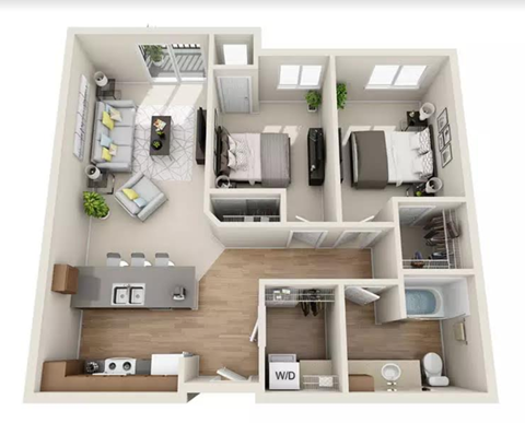 Floor plan for 2 beds, 1 bath, 916 sqft